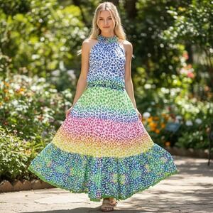Ruby Yaya Maxi Dress Womens S Multicolor Rainbow Leopard Tiered Halter Excellent